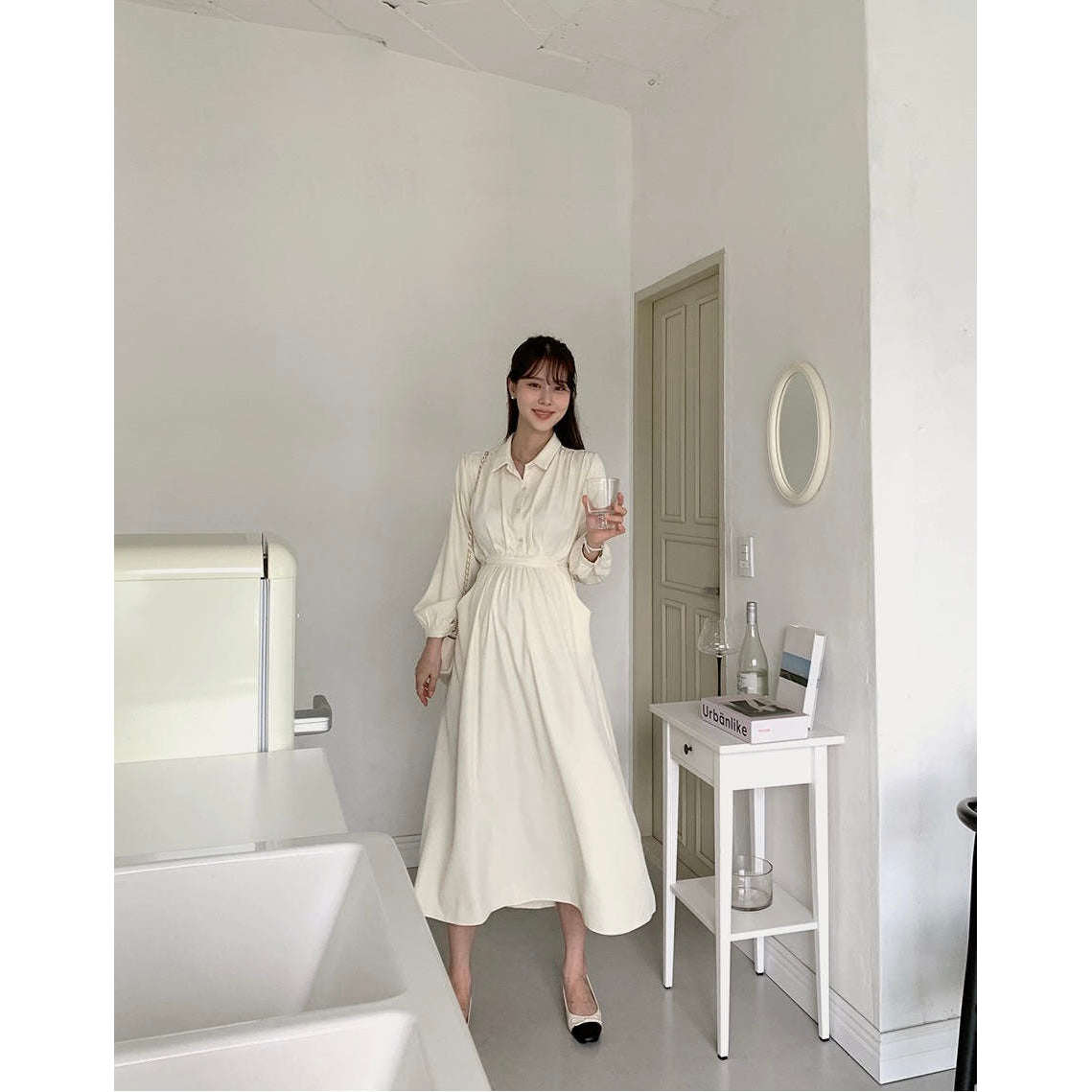 MUMMY.cc:孕婦企領恤衫修腰長袖連身裙(可哺乳)
