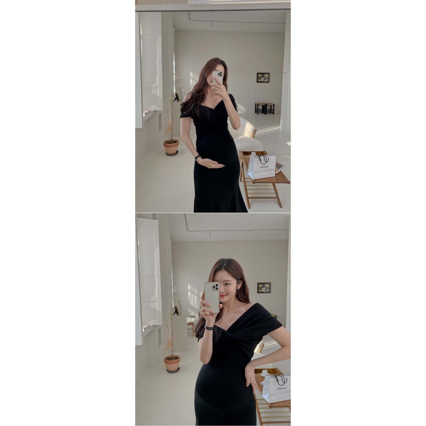 孕婦扭結露肩貼身連身裙