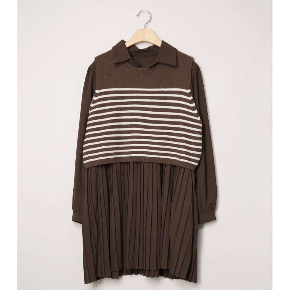 MUMMY.cc:襯衫百褶連衣裙條紋針織背心兩件套套装:Brown