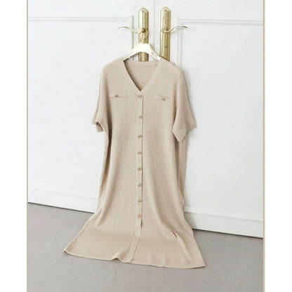 MUMMY.cc:V領針織鈕扣直條紋連身裙