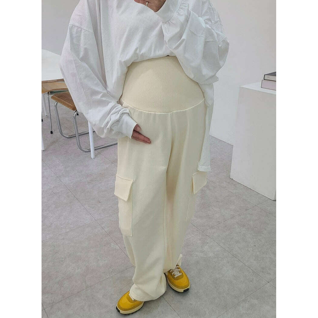 MUMMY.cc:孕婦寬鬆舒適工裝直筒長褲:Cream
