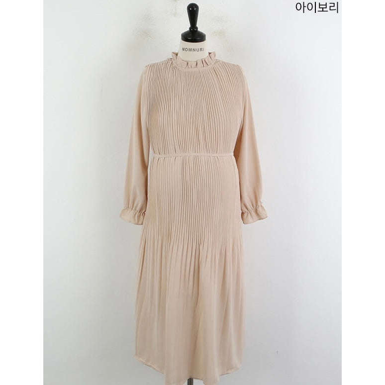 MUMMY.cc:純色寬鬆壓褶雪紡連身裙:Beige