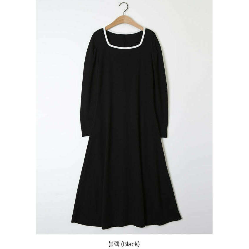 MUMMY.cc:純色拼色方領A Line連身裙:Black