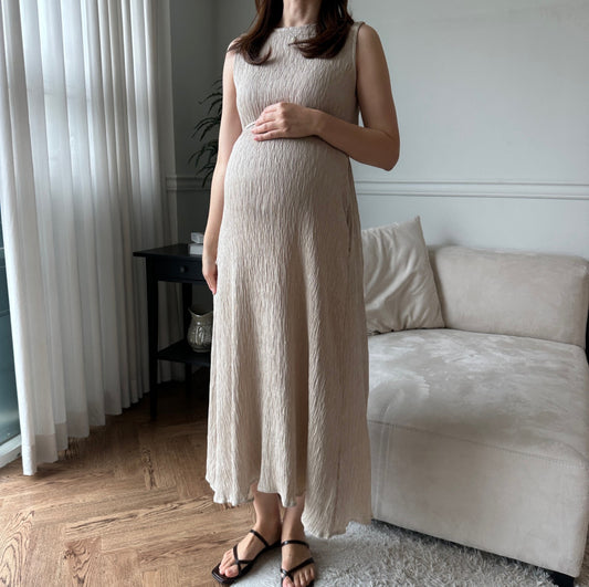 孕婦A-line皺皺紋理綁帶背心連身裙