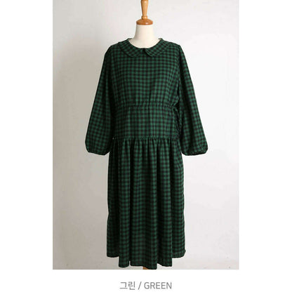 MUMMY.cc:秋冬格紋抽繩連身裙:Green