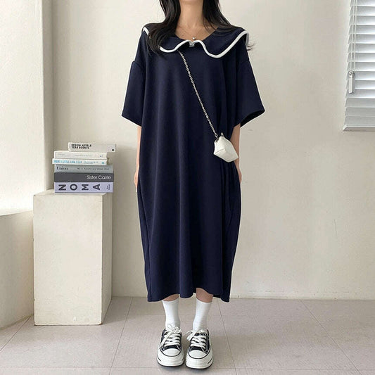 MUMMY.cc:娃娃大翻領拼色中袖連身裙