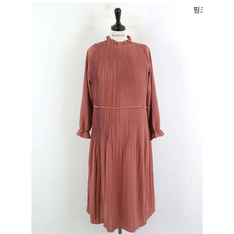 MUMMY.cc:純色寬鬆壓褶雪紡連身裙:Pink