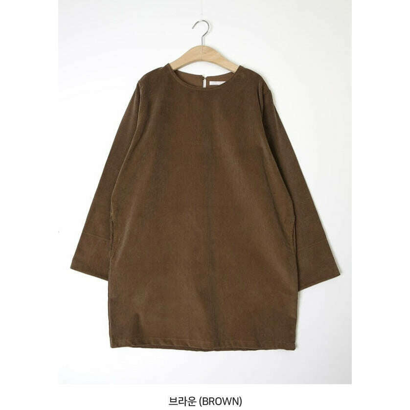 MUMMY.cc:圓領口袋細條紋燈芯絨連身裙:Brown