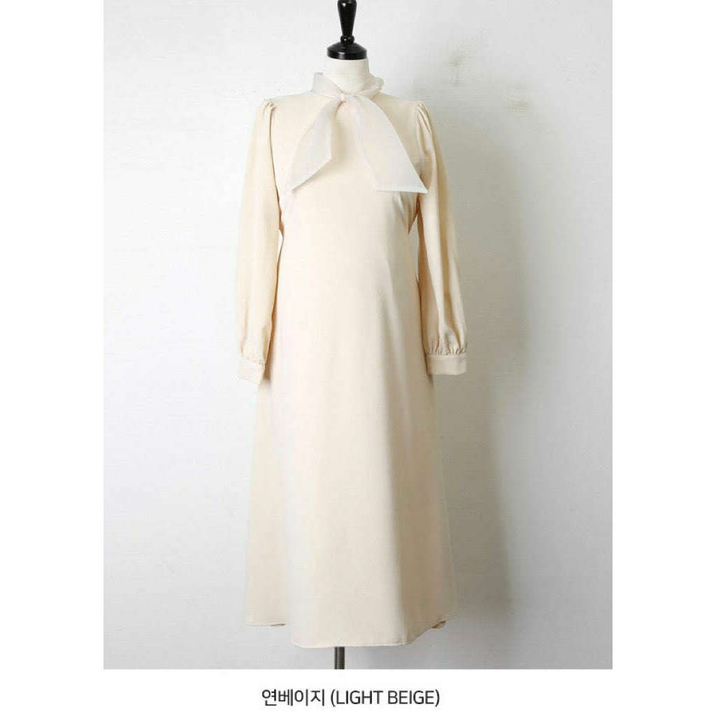 MUMMY.cc:高貴氣質絲巾領結連身裙:Light Beige