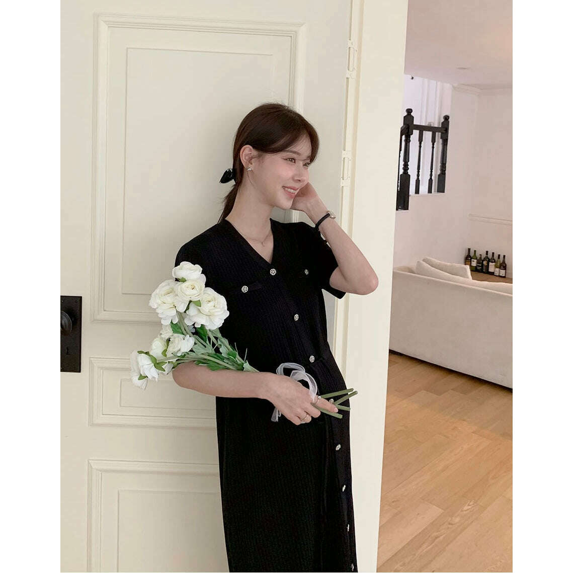 MUMMY.cc:V領針織假鈕扣綁帶連身裙