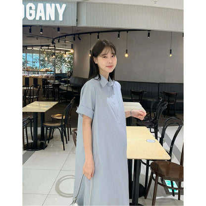 MUMMY.cc:孕婦翻領褶袖帶口袋連身裙