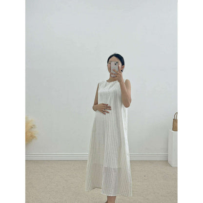 MUMMY.cc:夏季背心條紋棉麻連身裙