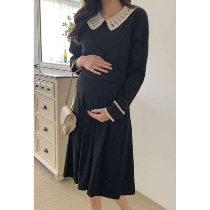MUMMY.cc:蕾絲領針織孕婦連身裙