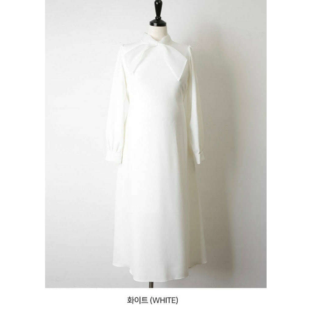 MUMMY.cc:高貴氣質絲巾領結連身裙:White
