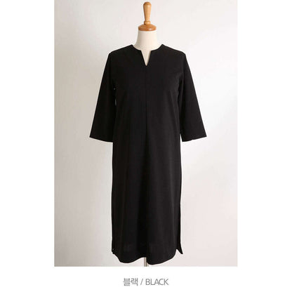 MUMMY.cc:簡約大方7分袖彈性連身裙:Black