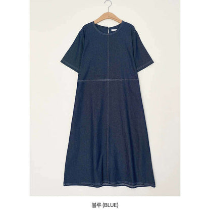 MUMMY.cc:圓領簡約牛仔短袖連身裙:Blue