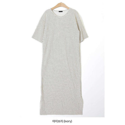 MUMMY.cc:圓領波點側開衩短袖連身裙:White
