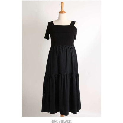 MUMMY.cc:單露肩短袖層層連身裙:Black
