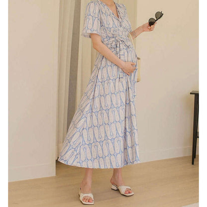 MUMMY.cc:孕婦度假氣質印花圖案連身長裙