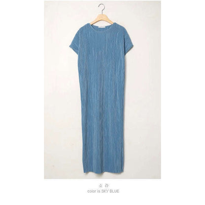 MUMMY.cc:夏季圓領彈性顯瘦褶皺連身裙:Sky Blue