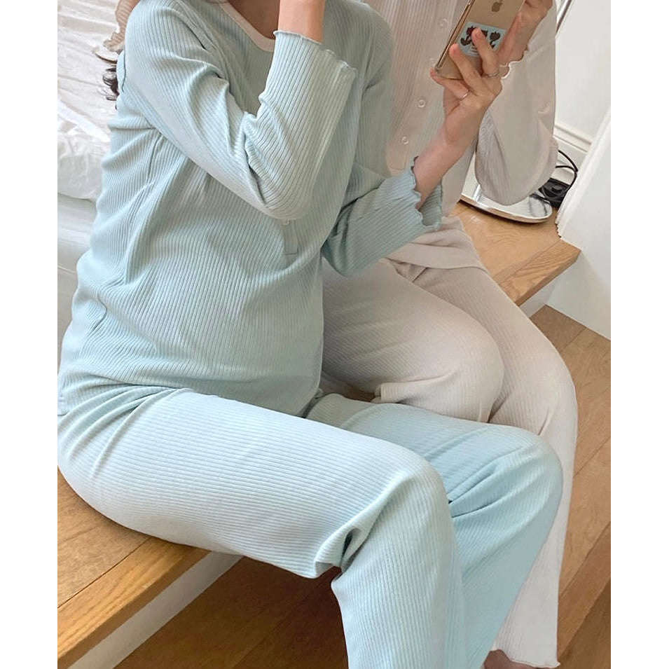MUMMY.cc:孕婦羅紋花邊哺乳舒適睡衣