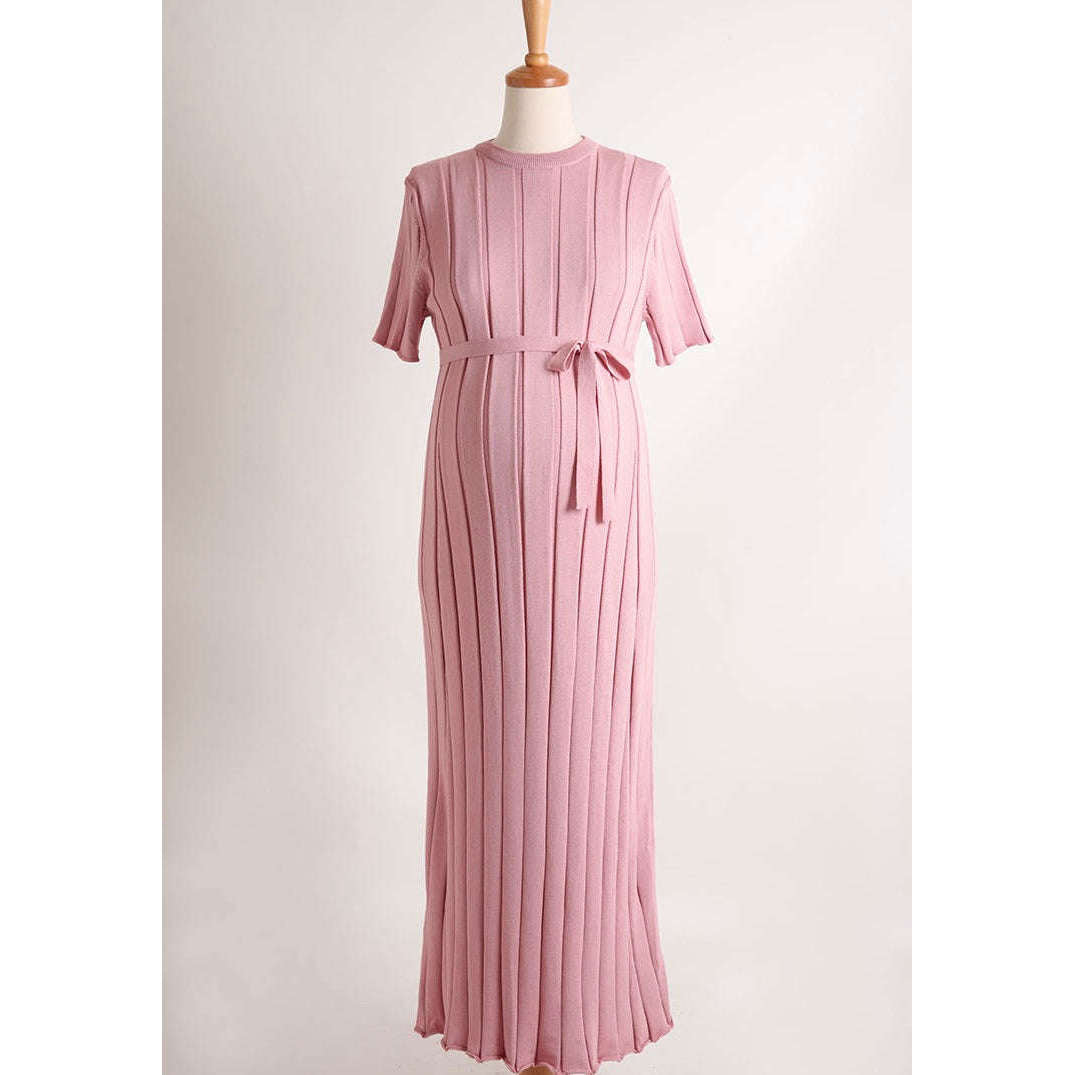 MUMMY.cc:圓領坑紋針織綁帶連身裙:Pink