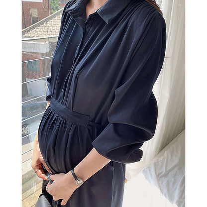 細節特寫：深藍連身裙腰側綁帶近鏡｜孕婦企領恤衫修腰長袖連身裙（可哺乳）（第 10 張）