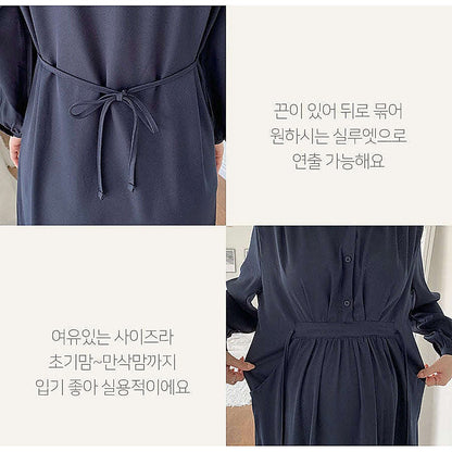 細節特寫：深藍連身裙腰帶與口袋（附文字）｜孕婦企領恤衫修腰長袖連身裙（可哺乳）（第 4 張）
