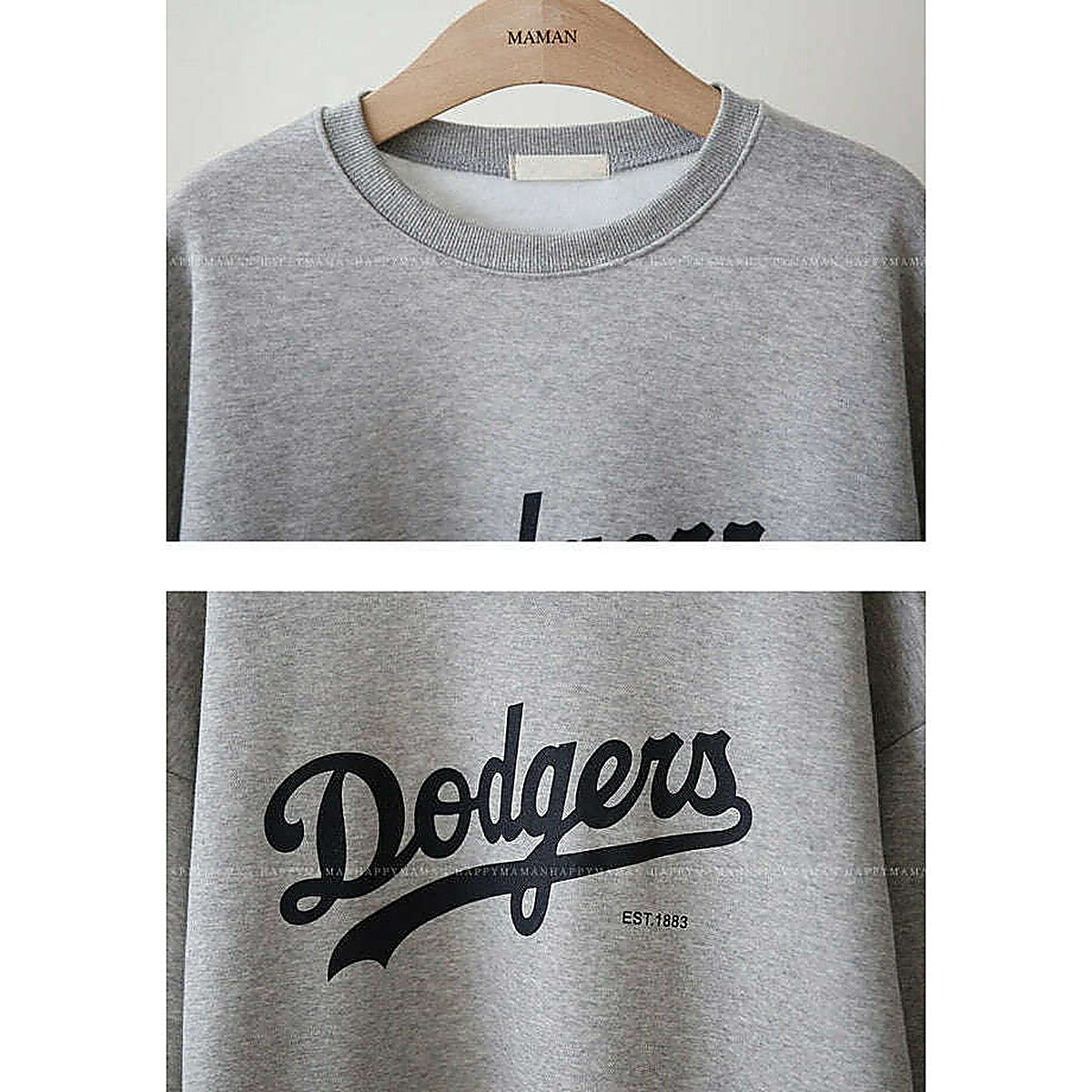 兩格拼圖，淺灰 Dodgers 連身裙圓領與胸前字樣近鏡，木衣架白底｜舒適簡約燙印內絨衛衣連身裙（第 18 張）