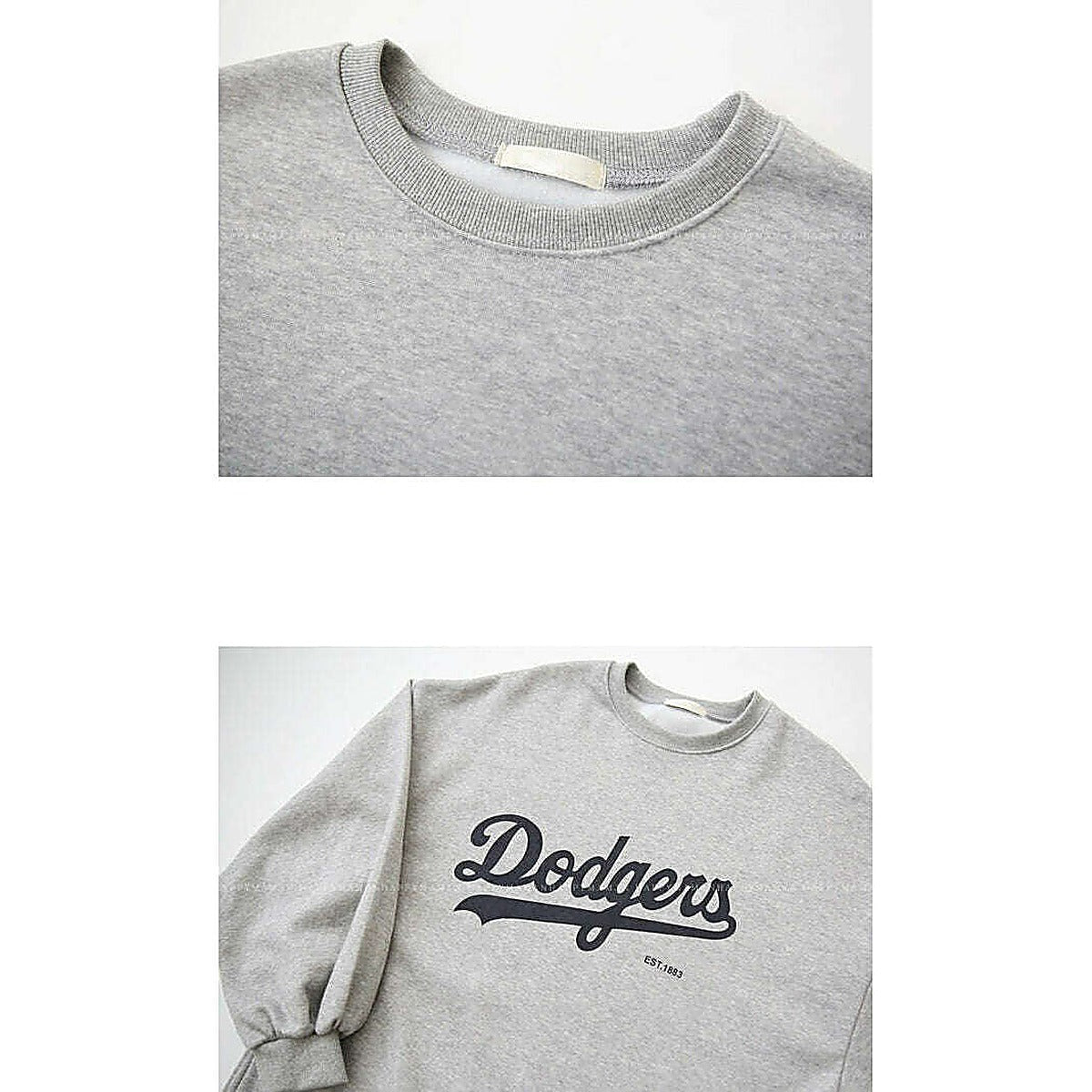 兩格拼圖，淺灰 Dodgers 連身裙圓領與袖子字樣近鏡，白底｜舒適簡約燙印內絨衛衣連身裙（第 21 張）