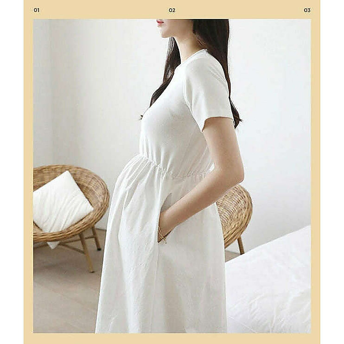 近距離，見裙頭與腰位｜短袖拼接簡約連身裙（有口袋）（第 7 張）
