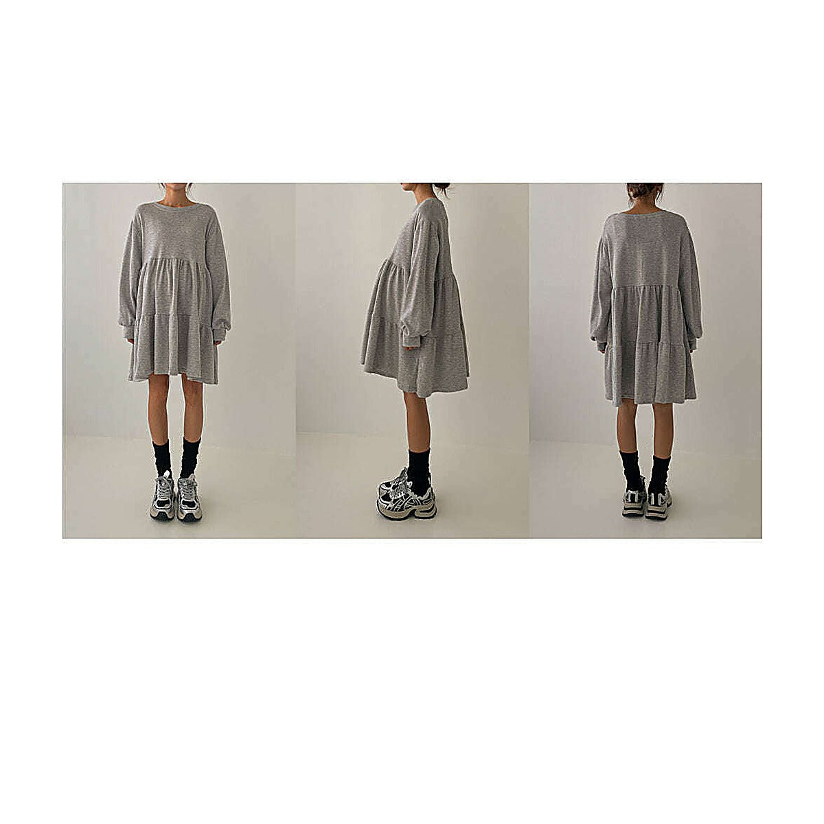 模特兒實穿灰色連身裙，坐於椅上｜純色寬鬆孕婦mini cancan dress（第 11 張）