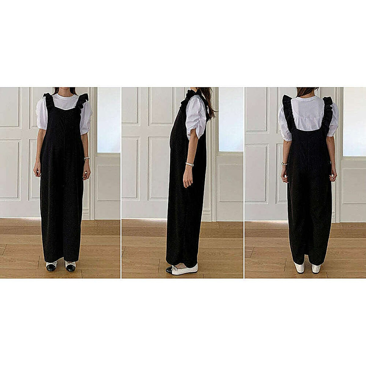 模特兒實穿黑色連身裙配白襯衫，站於鏡前｜孕婦荷葉肩帶Jumpsuit（第 22 張）