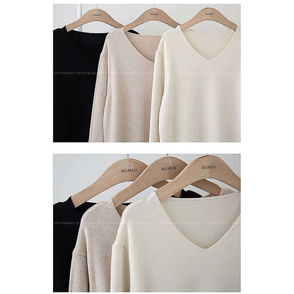 模特兒實穿米白色長裙，站於鏡前手持外套｜Stella soft v-neck knit ops（第 25 張）