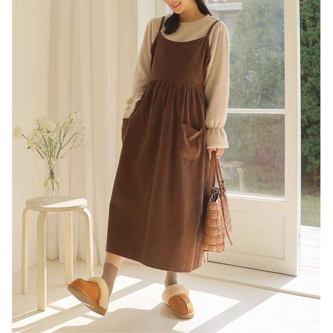 MUMMY.cc:吊帶燈芯絨寬鬆連身裙:Brown