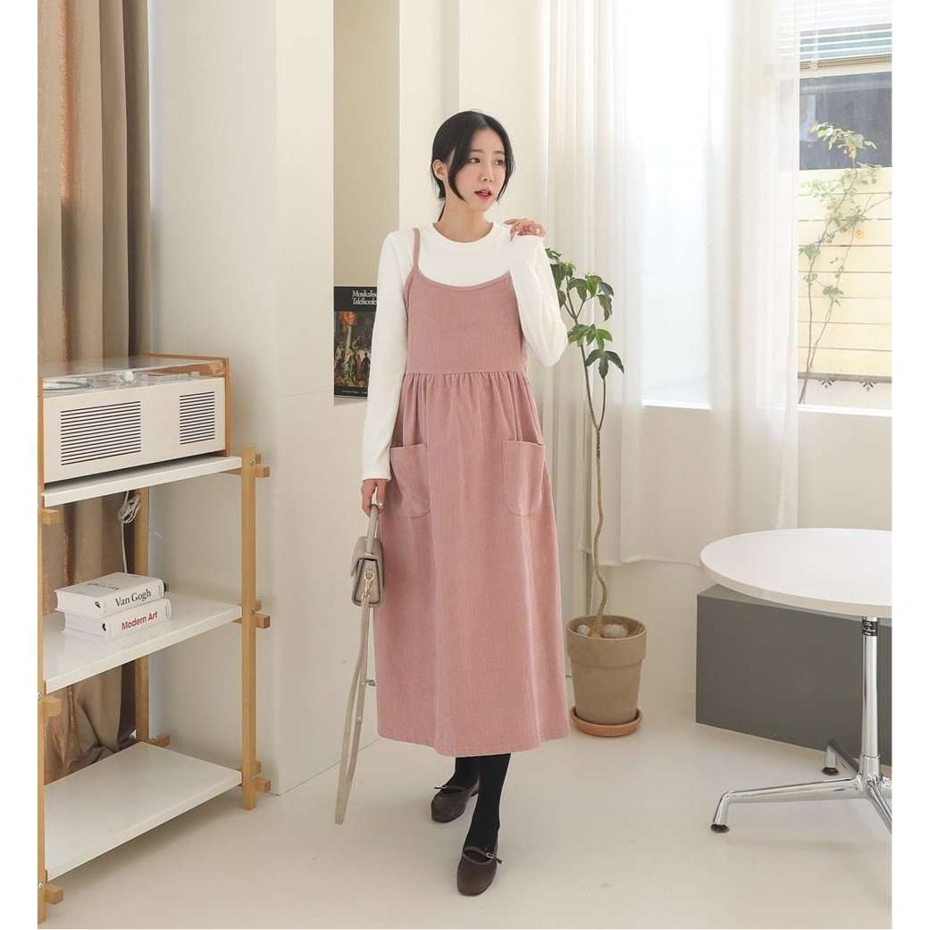 MUMMY.cc:吊帶燈芯絨寬鬆連身裙:Pink
