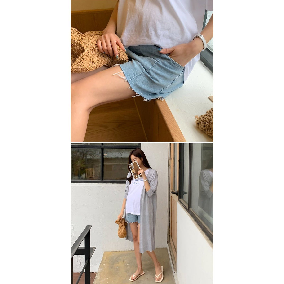 淺藍牛仔短褲多角度展示，模特坐與站姿搭配白上衣及編織包｜孕婦流蘇修長牛仔短褲（第 109 張）