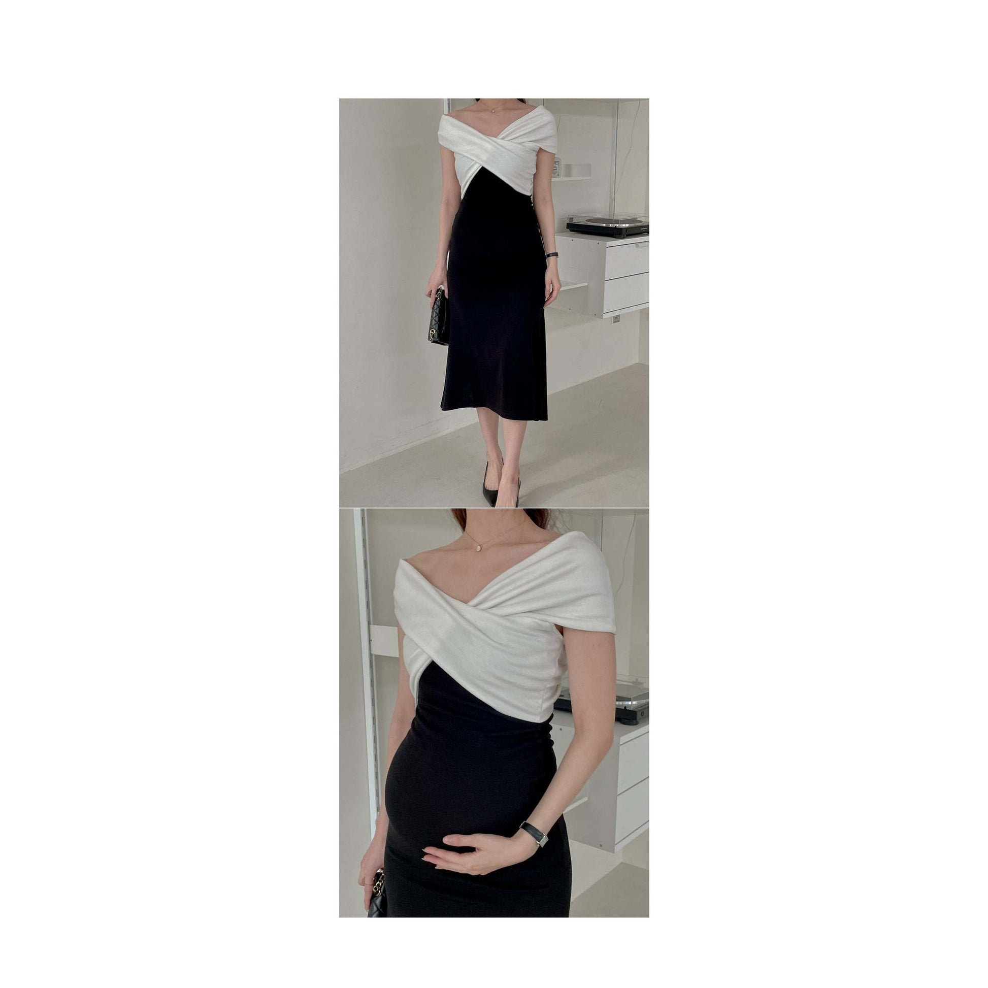 孕婦扭結露肩貼身連身裙