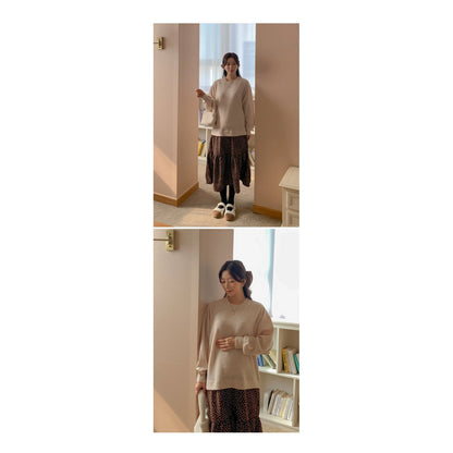 絨毛假兩件拼接碎花連身裙