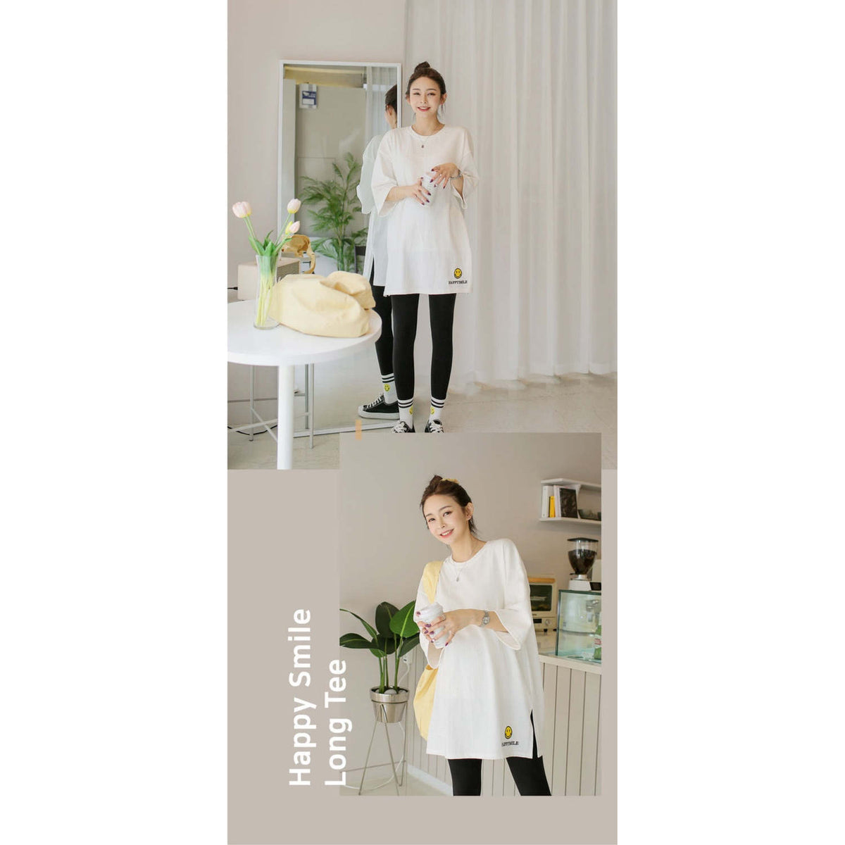 掛拍白底：米白色短袖上衣（附 WARDROBE BASIC 文字）｜微笑刺繡圖案7分袖寬鬆長Tee（第 2 張）