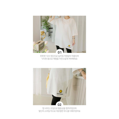 掛拍白底：米白色短袖上衣（附 WARDROBE BASIC 文字）｜微笑刺繡圖案7分袖寬鬆長Tee（第 4 張）