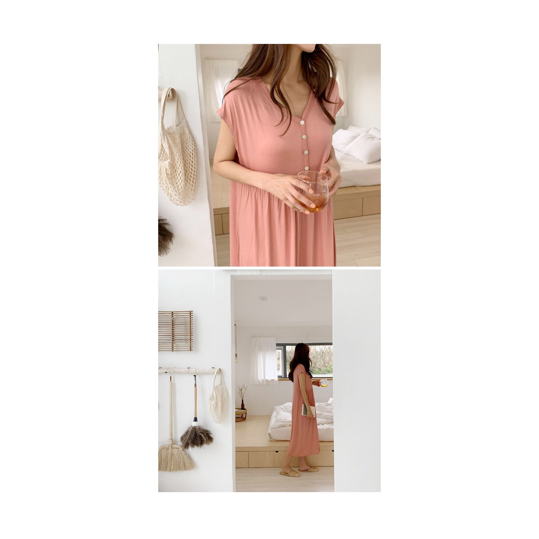 孕婦舒適半開式鈕扣哺乳長裙
