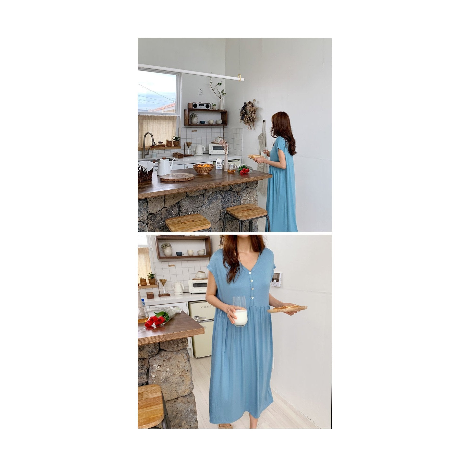 孕婦舒適半開式鈕扣哺乳長裙